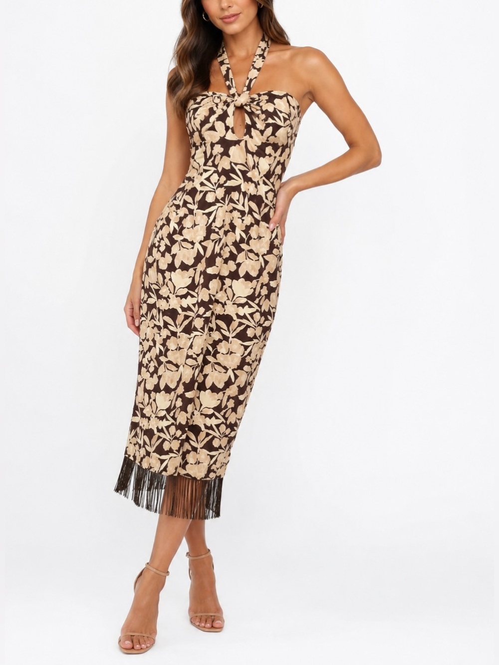 Halter Floral Midi Dress in Brown and Cream